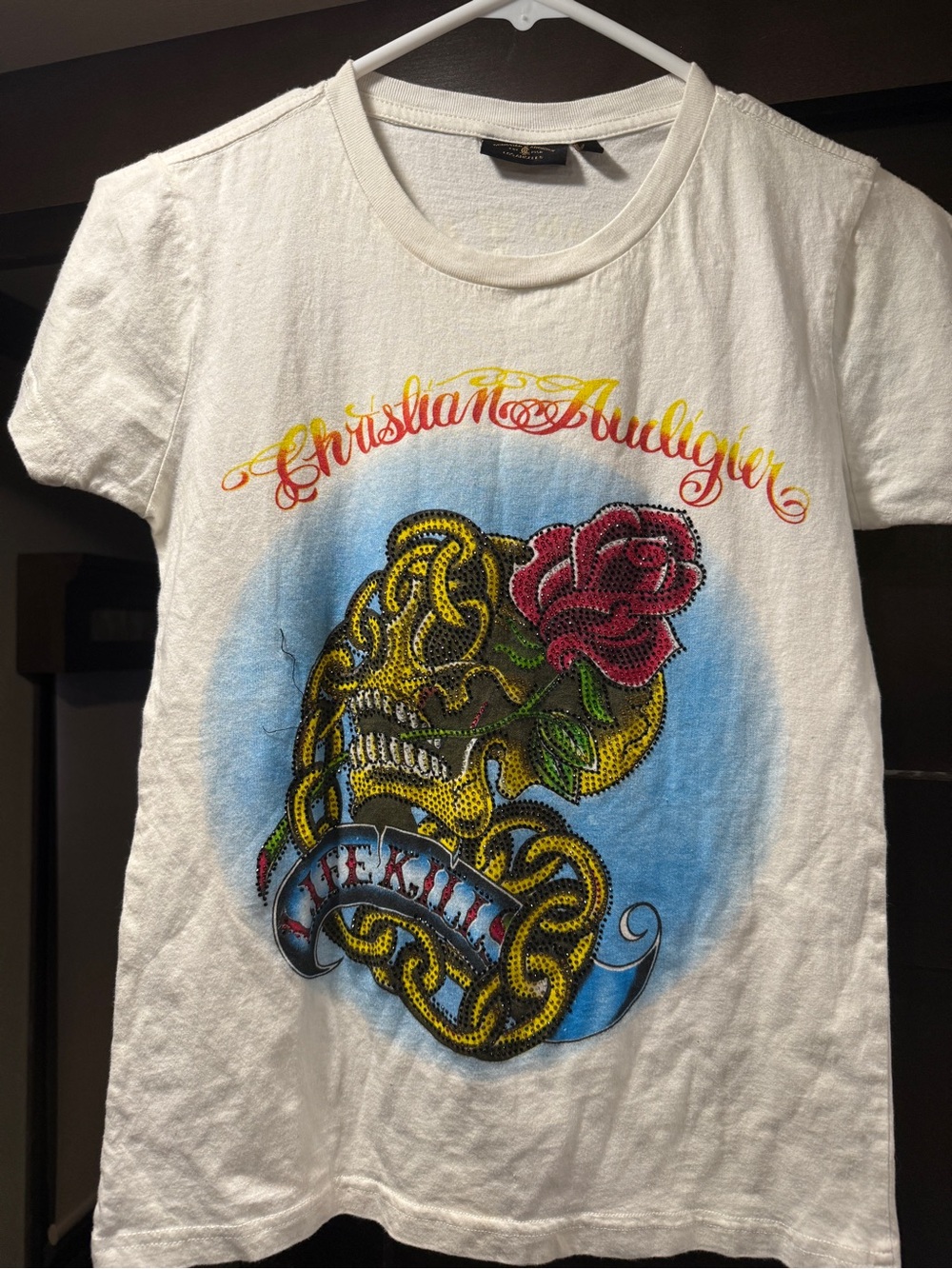 Christian Audigier White Tee with Colorful Skull & Rose Graphic